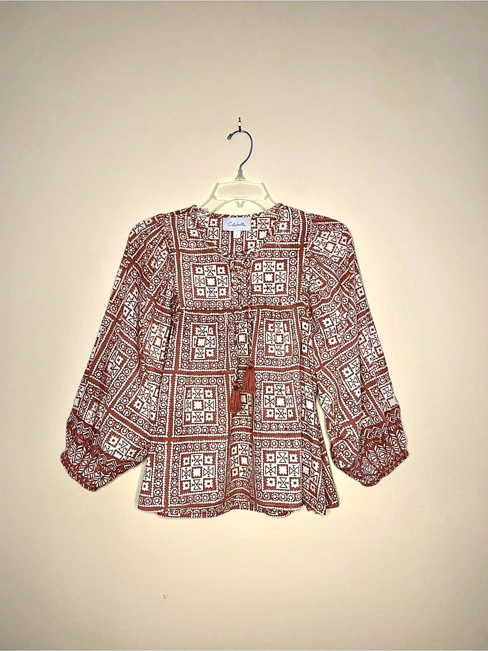 Cleobella oversized boho Geometric Organic Cotton Blouse in Brown & White Size S